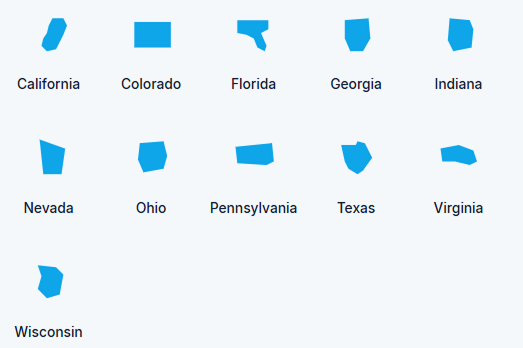 Approved in California, Colorado, Florida, Georgia, Indiana, Nevada, Ohio, Pennsylvania, Texas, Virginia, and Wisconsin